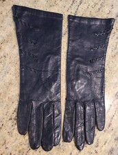 Vintage Size S 7 Black Leather Formal 10.5" Long Lined Gloves Weave Accent