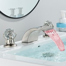 Brushed Nickel Widespread Bathroom Faucet Waterfall LED Vanity Sink Mixer Taps