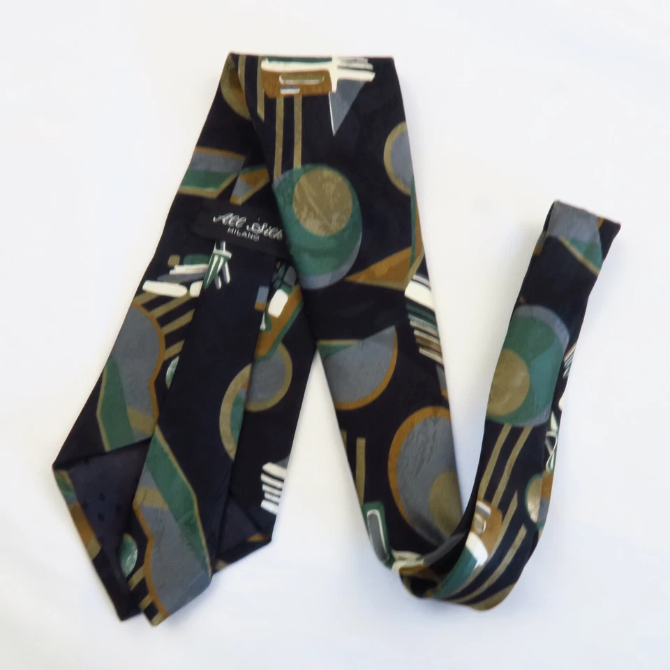 Corbata de cuello abstracta geométrica negra verde vintage toda seda Milano 58x4 artística Foto 4 de 4