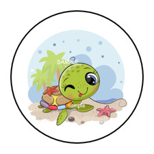 30 ADORABLE TURTLE ON BEACH STICKERS ENVELOPE SEALS LABELS 1.5" ROUND FAVORS