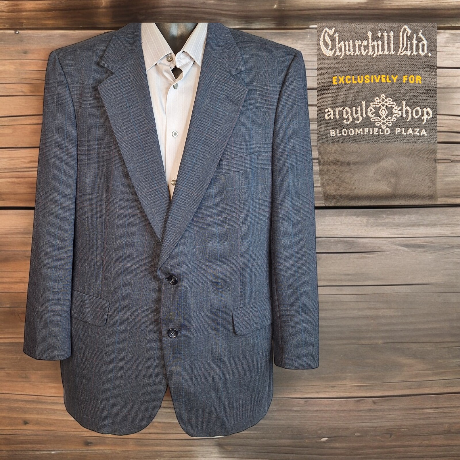 Churchill Sport Coat Blazer Mens 44R Blue Plaid Vintage