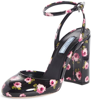 PRADA Women's Patent Leather Ankle Strap Pump Heels Floral Black Size 37 / US 7