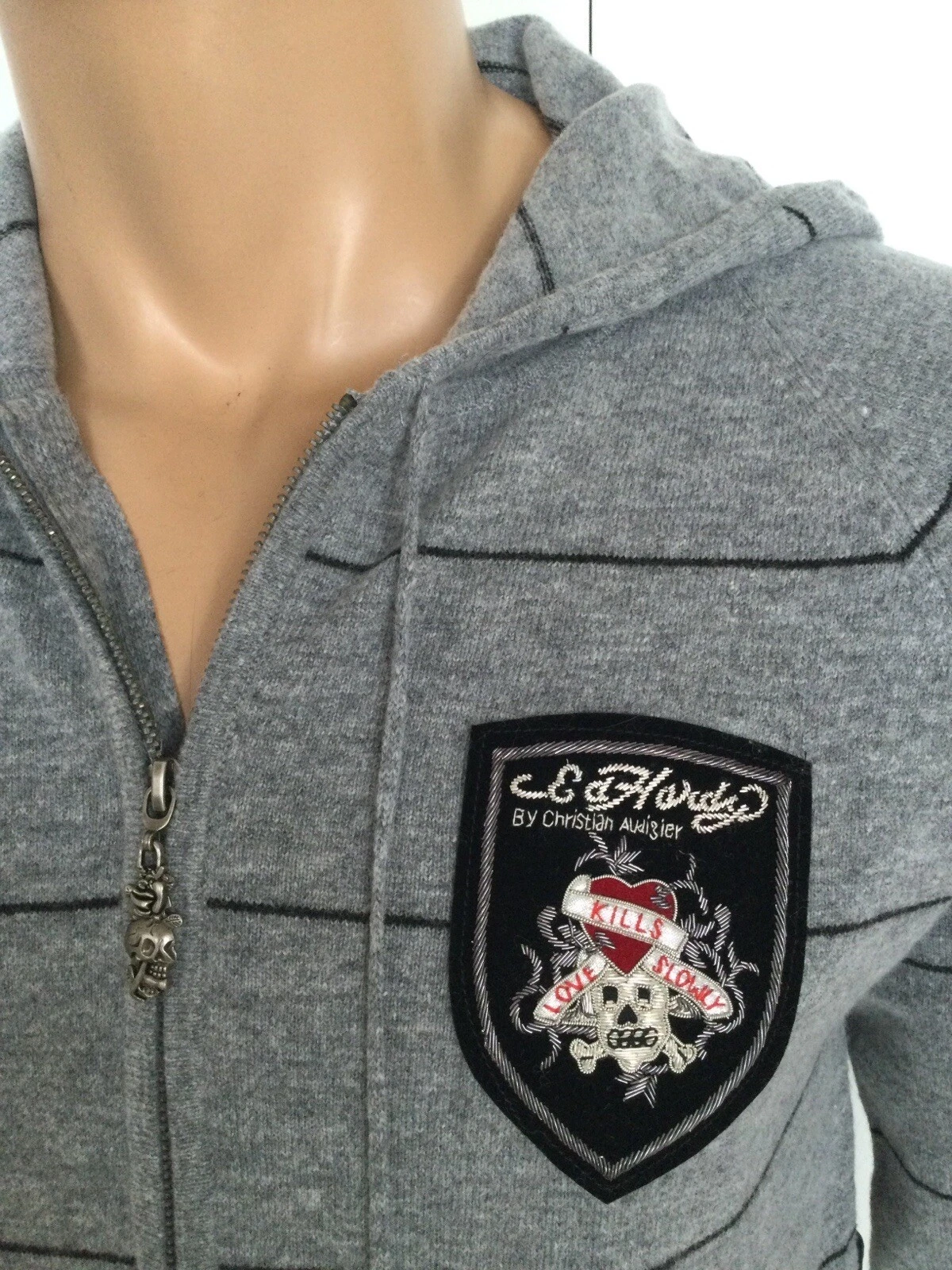 OFF WHITE Felpa con cappuccio grigia a righe Ed Hardy di Christian Audigier taglia M