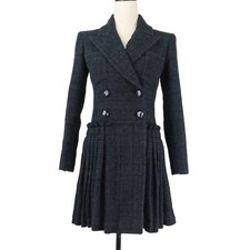 20SS CHANEL Tweed Double-Breasted Jacket Dress Size 34 Navy, Women USED