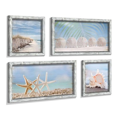 Starfish Prints Wooden Wall Art: Ocean Art Set of 4 Seashell Pictures Collection