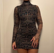 blanc clothing Animal Print Mesh Cut-Out Bodycon Mini Dress Long Sleeve M