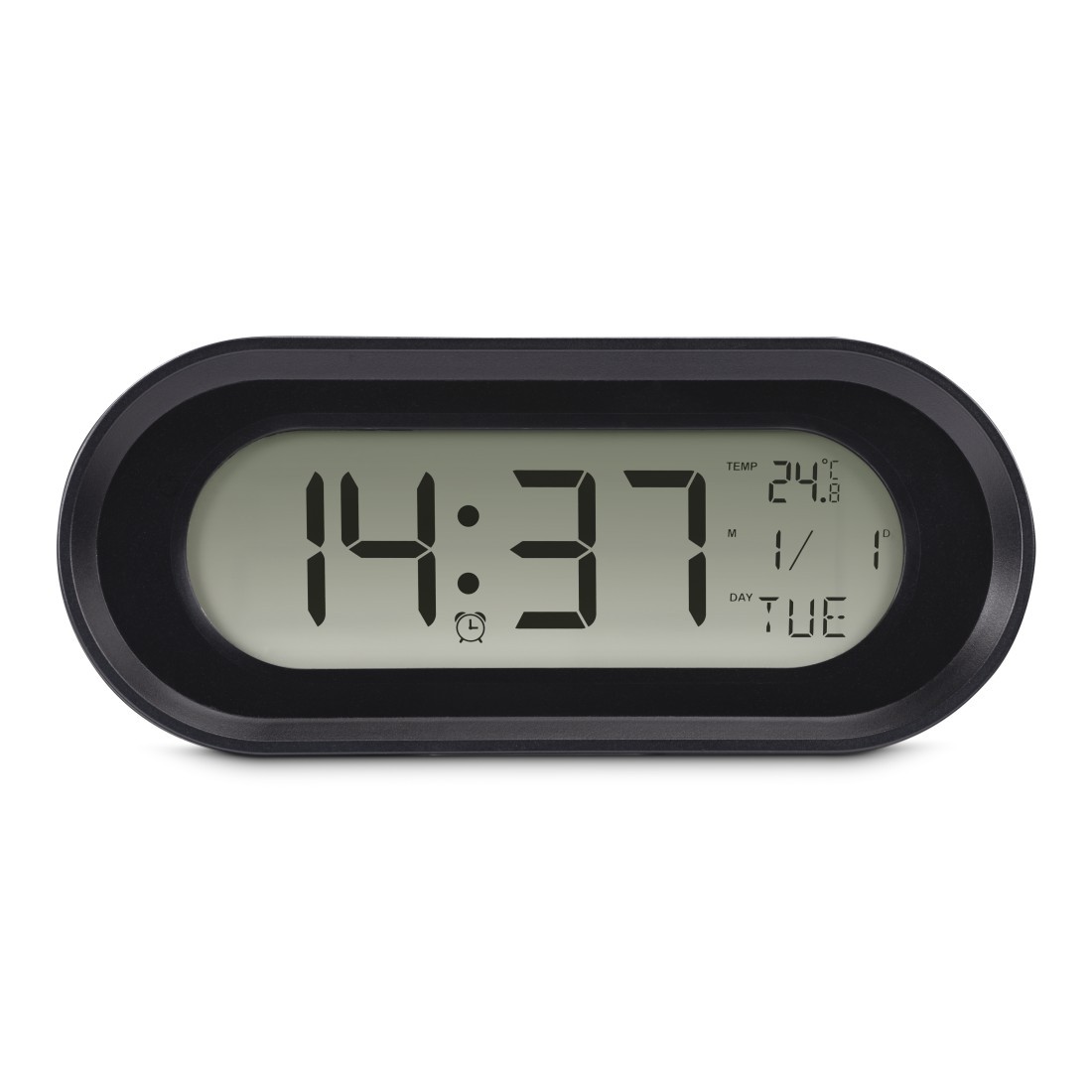 Réveil numérique compact Samos LCD noir avec horloge de chevet à piles