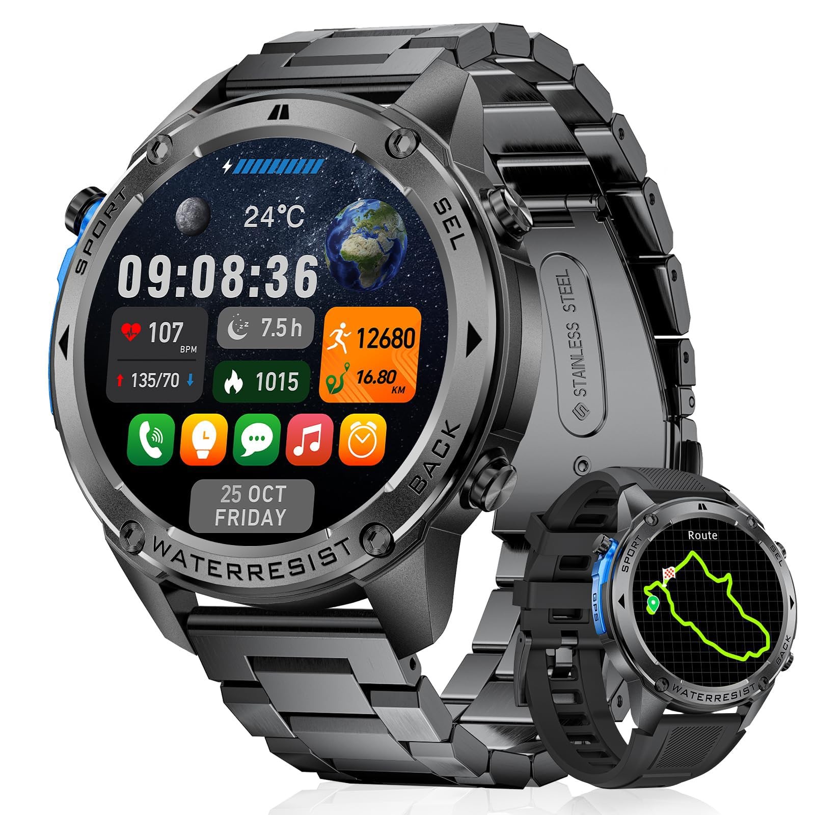 Rugged Military GPS Smart Watch for Men with Compass 50M Waterproof