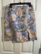 Talbots Petites Skirt 10P Blue Floral Print Lined Back Slit Cotton Blend Summer