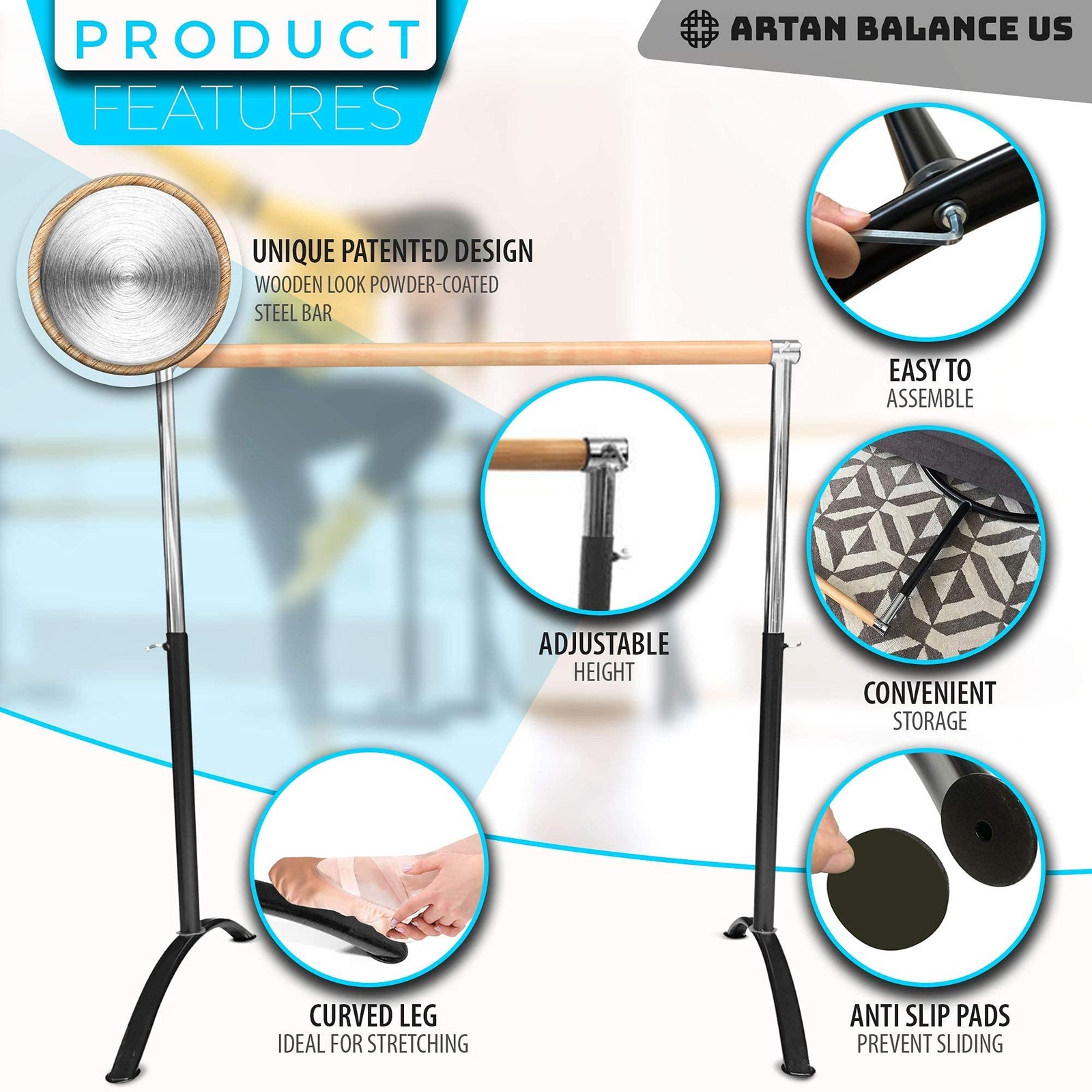 Ballet Barre Portable for Home or Studio, Freestanding Adjustable Bar for Str... thumbnail 9