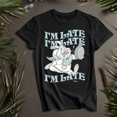 DISNEY WHITE RABBIT ALIVE IN WONDERLAND CUTE BASIC BLACK T SHIRT 
