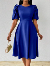 Lyxana Women's Flared Long Dress With Crew Neck And Puff Sleeves Sz S M L XL