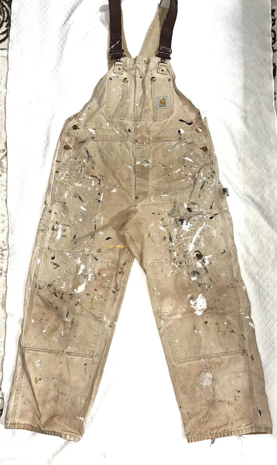 Carhartt Overalls Brown Double Knee Paint Splattered