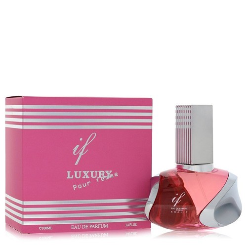 Pink rectangular box of Khalis Luxury Collection Eau De Parfum Spray 3.4 oz with silver cap and striped bottle.