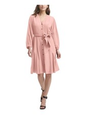 CALVIN KLEIN Womens Coral Belted Button Front Elastic Waist Shirt Dress 4
