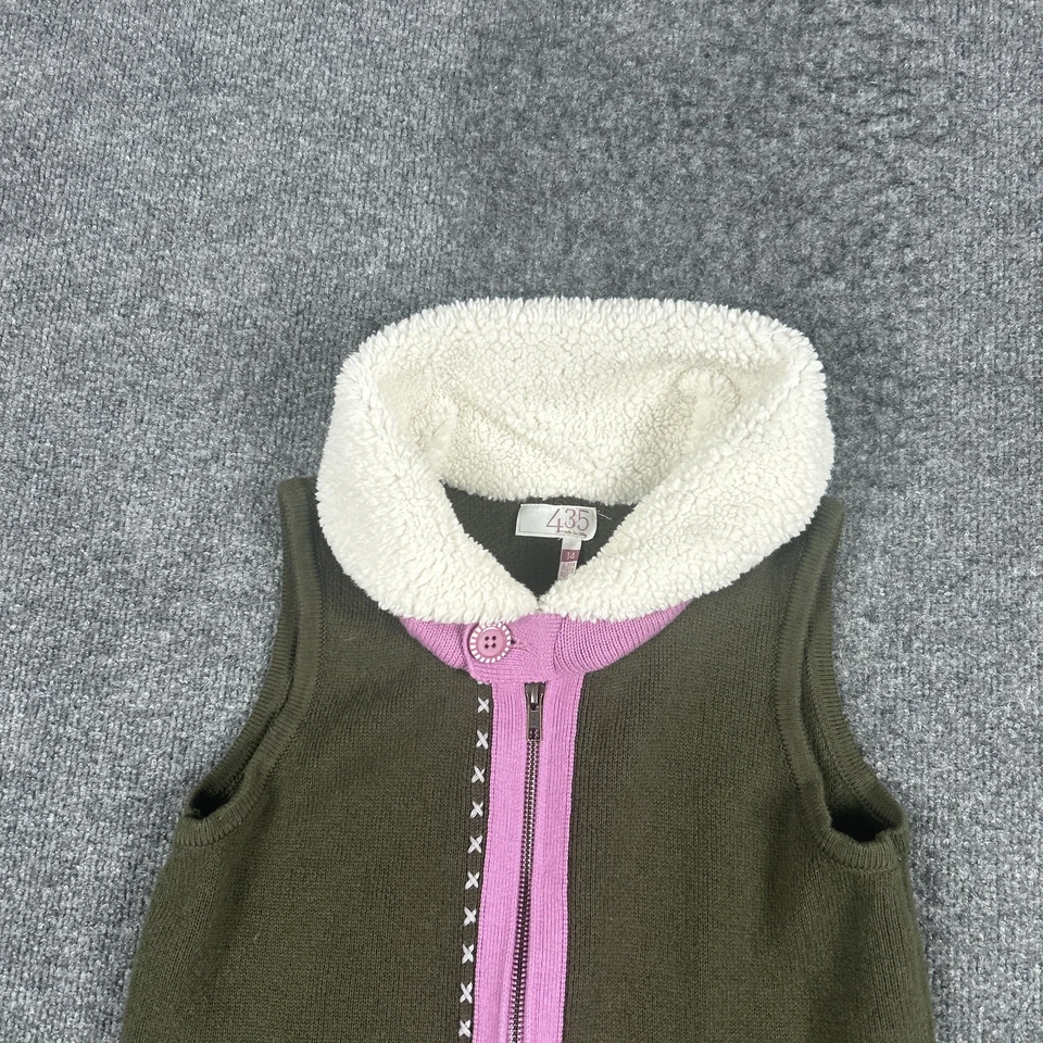 Matilda Jane 435 连帽毛衣背心女孩 14 绿色粉红色拉链夏尔巴针织图案 — 第 4/4 张图片