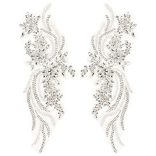 1 Pair 14"x5" Handmade Rhinestone Applique Beaded Applique Patch White