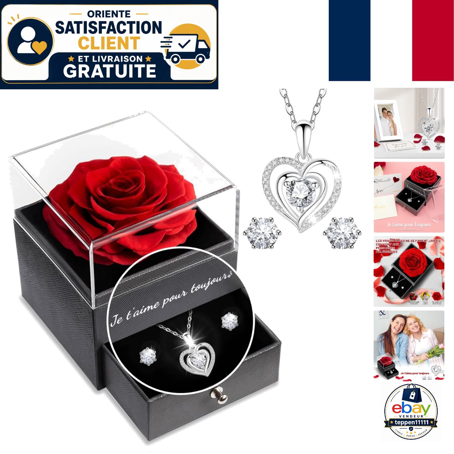 Rose éternelle rouge sous cloche avec collier en argent - Cadeau femme