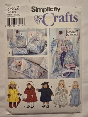 Simplicity 8962 Crafts Pattern 18'' Doll Clothes Tote Garment Sleeping Bag Uncut