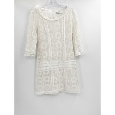 Monoreno White Floral Lace Mini Dress 3/4 Sleeve Frayed Neck Shift Small
