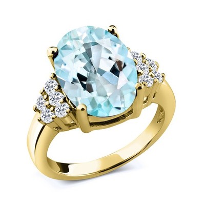 6.58 Ct Oval Sky Blue Topaz White Topaz 18K Yellow Gold Plated Silver Ring
