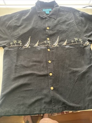 Paradise Blue Mens Large 100% Silk Shirt Black With Sailboats