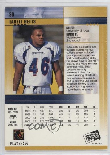 2002 Press Pass JE Ladell Betts #30 Rookie RC - Zdjęcie 2 z 4