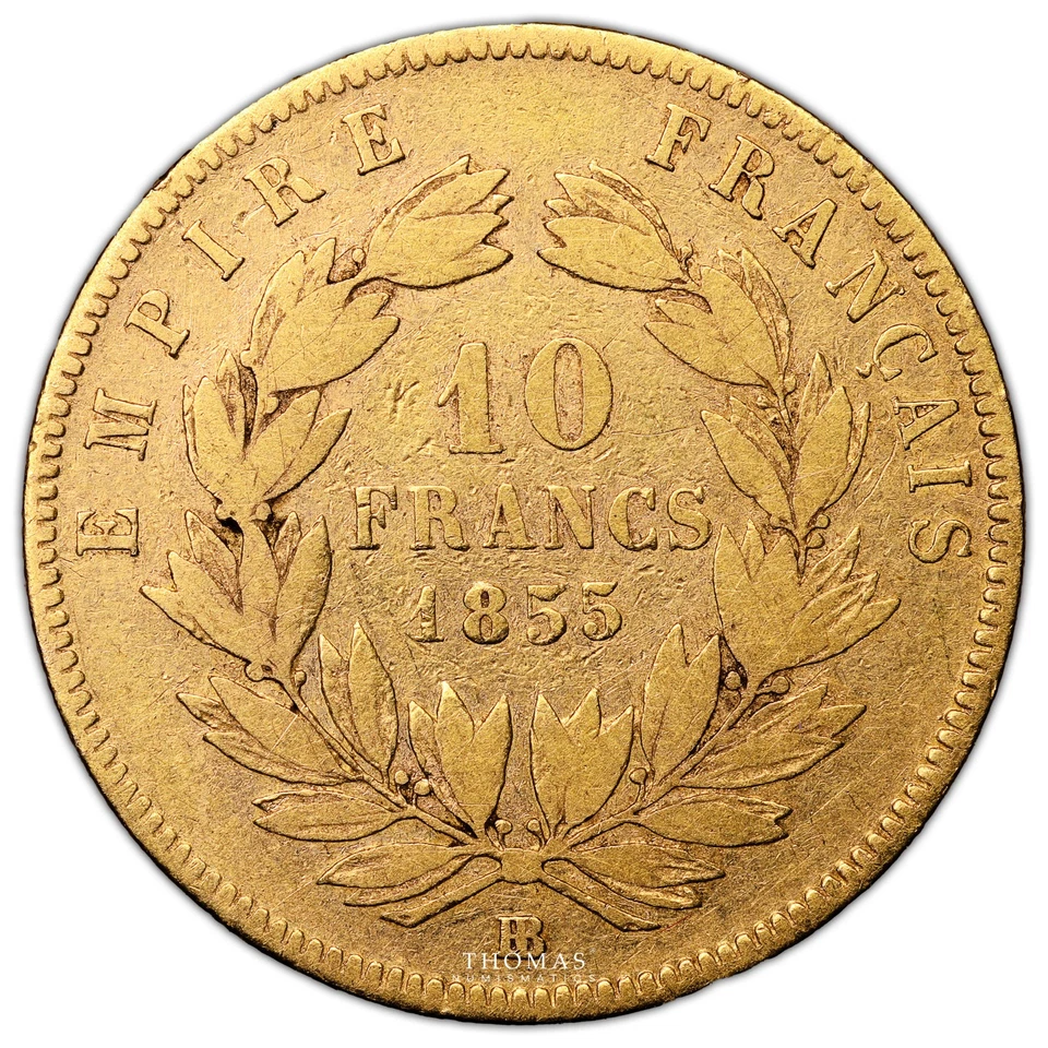 Moneda Francia - Napoleón III - Oro - 10 Francos O - 1855 BB Estrasburgo Foto 2 de 2