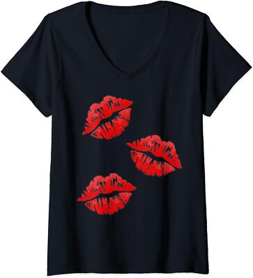 Kissing Lips Kissing Face Red Lipstick Sexy Gift Ladies' V-Neck Tshirt