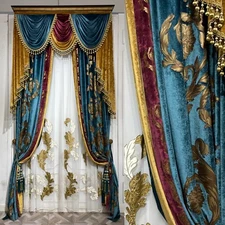 Elegant European retro bronzing blue cloth valance blackout curtain drape C1975