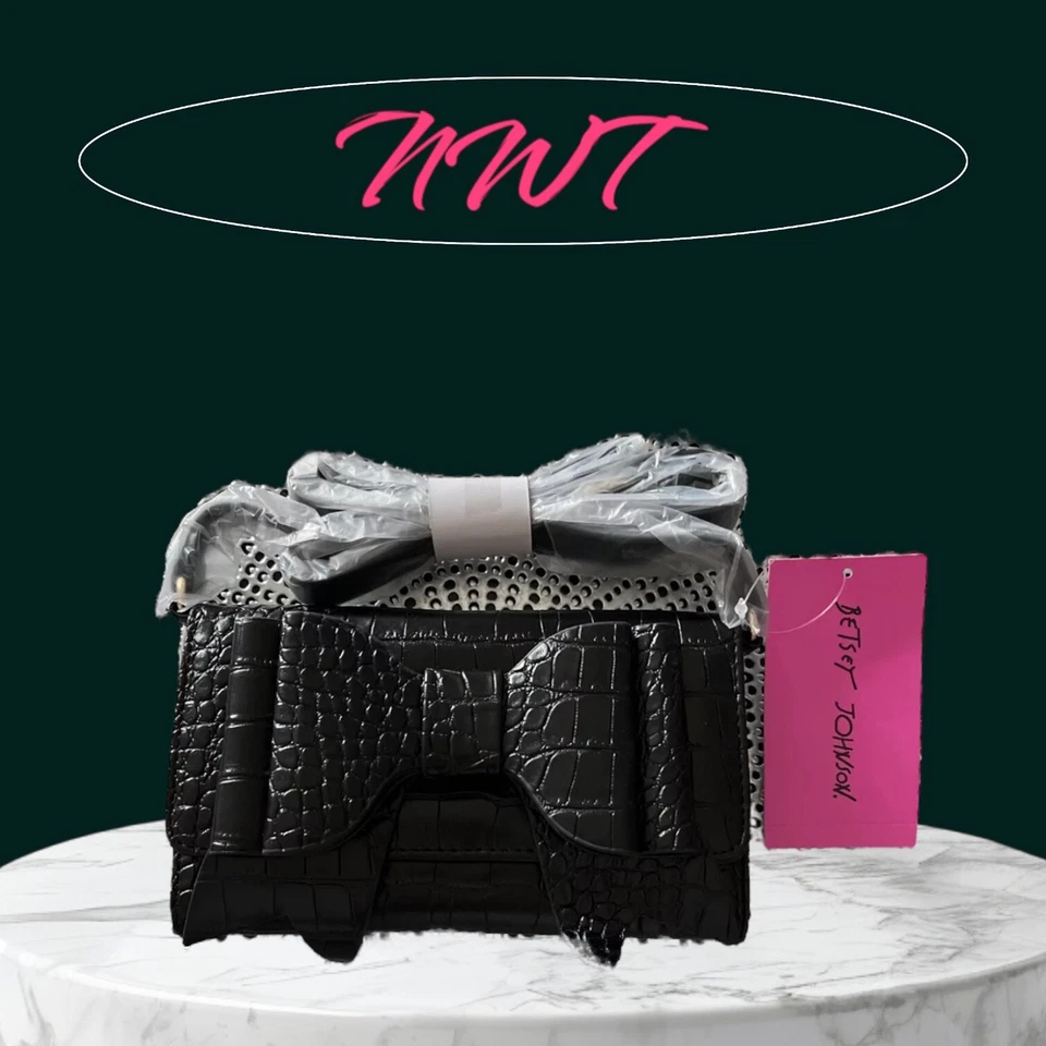 Betsey Johnson Black Croco Wallet On A String With Bow NWT - Image 3 of 4