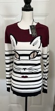 New DG2 Diane Gilman Cat Face Graphic Stripe Lightweight Cotton Blend Sweater XL