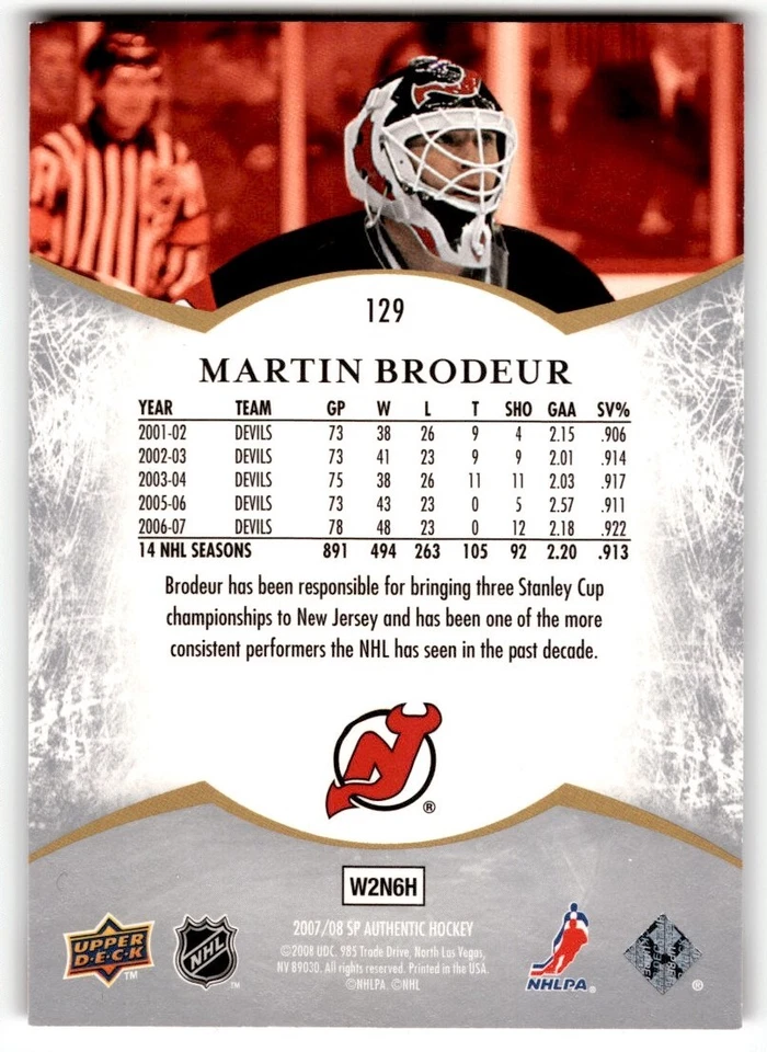 2007-08 SP Authentic Notables Martin Brodeur /1999 #129 New Jersey Devils - Image 2 of 2