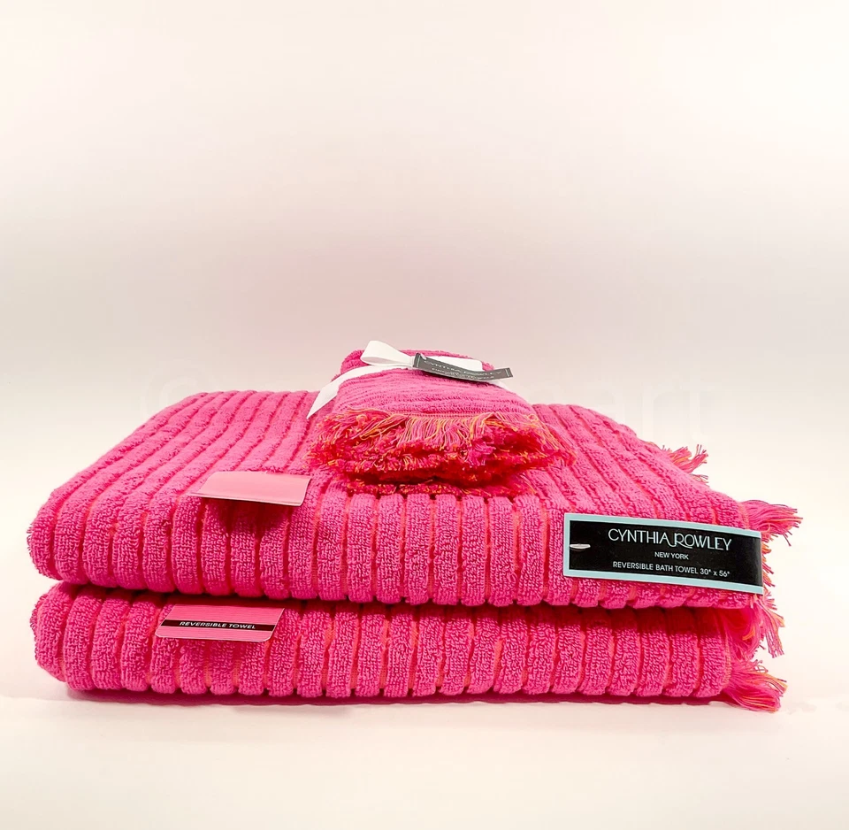 Cynthia Rowley Reversible Set of 4 Towels 2 Bath 2 Tip 100% Cotton  Pink Orange - Image 2 of 4