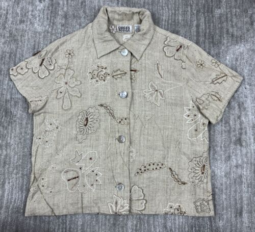 Chicos Design Top Womens S 0 Beige Embroidered Button Up Silk Shortsleeve Beaded