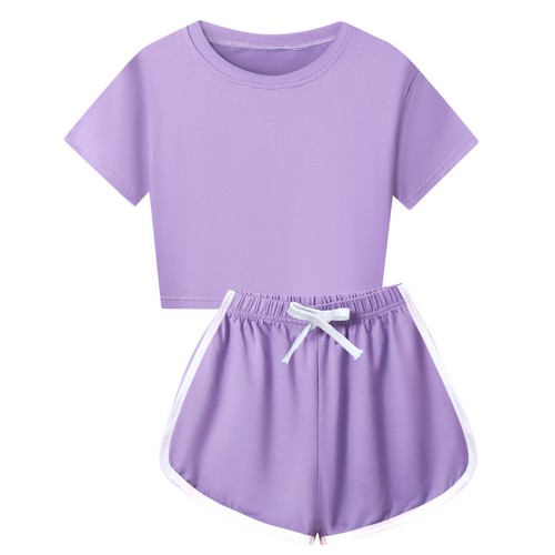 Kids Girls 2 Piece Outfits Tracksuit Set Crop Tops with Athletic Shorts Jogger - Picture 5 of 9