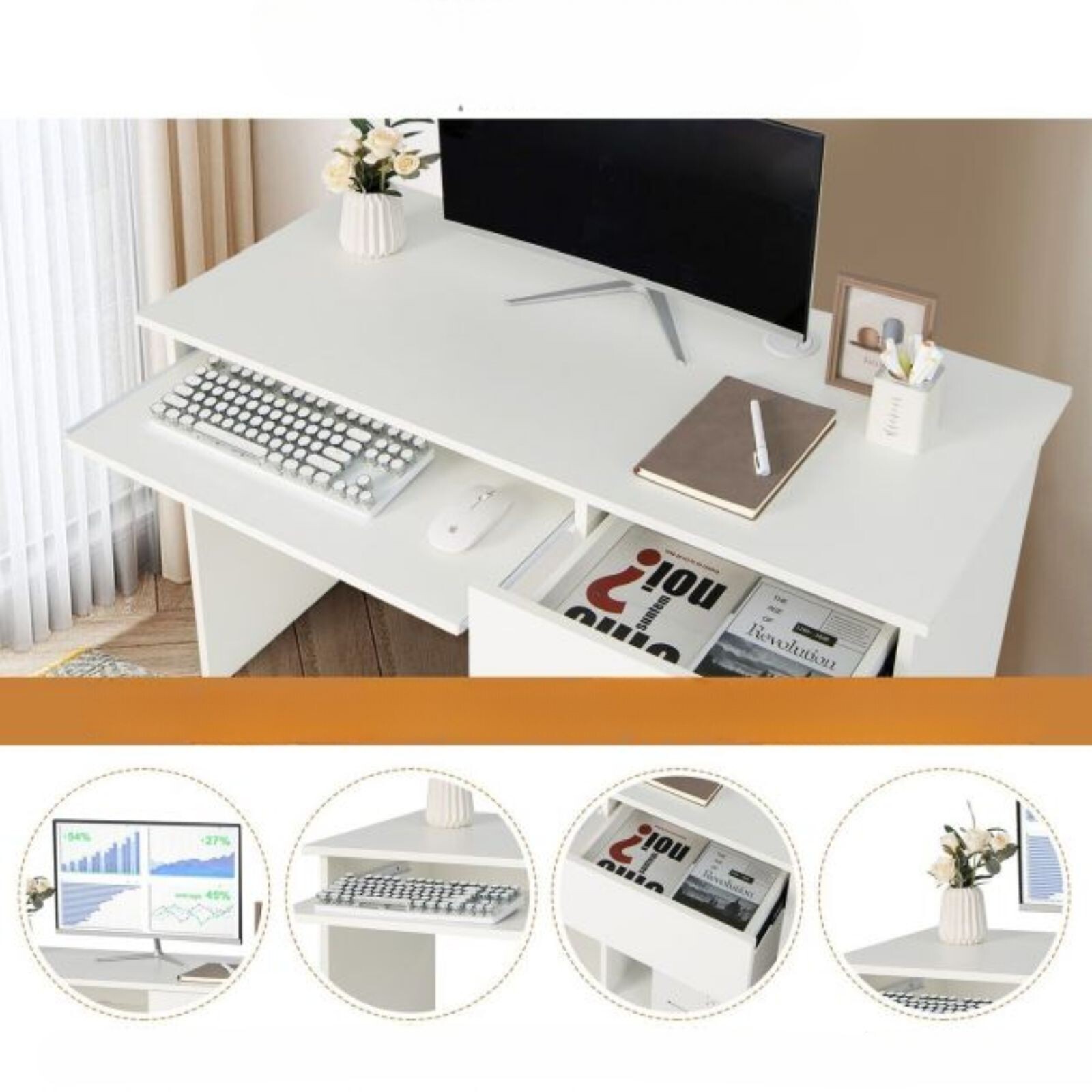 Computer Desk Wooden PC Laptop Table Writing Workstation Sliding