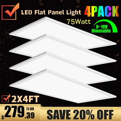 4Pcs 2x4 FT Flat Panel Light Edge-Lit 75W 8400 Lumen Panel Troffer Light Fixture