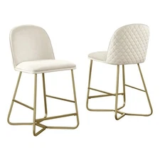 Quilted Back Counterheight Chairs 24" Set of 2 in Cream Velvet and Gold Base