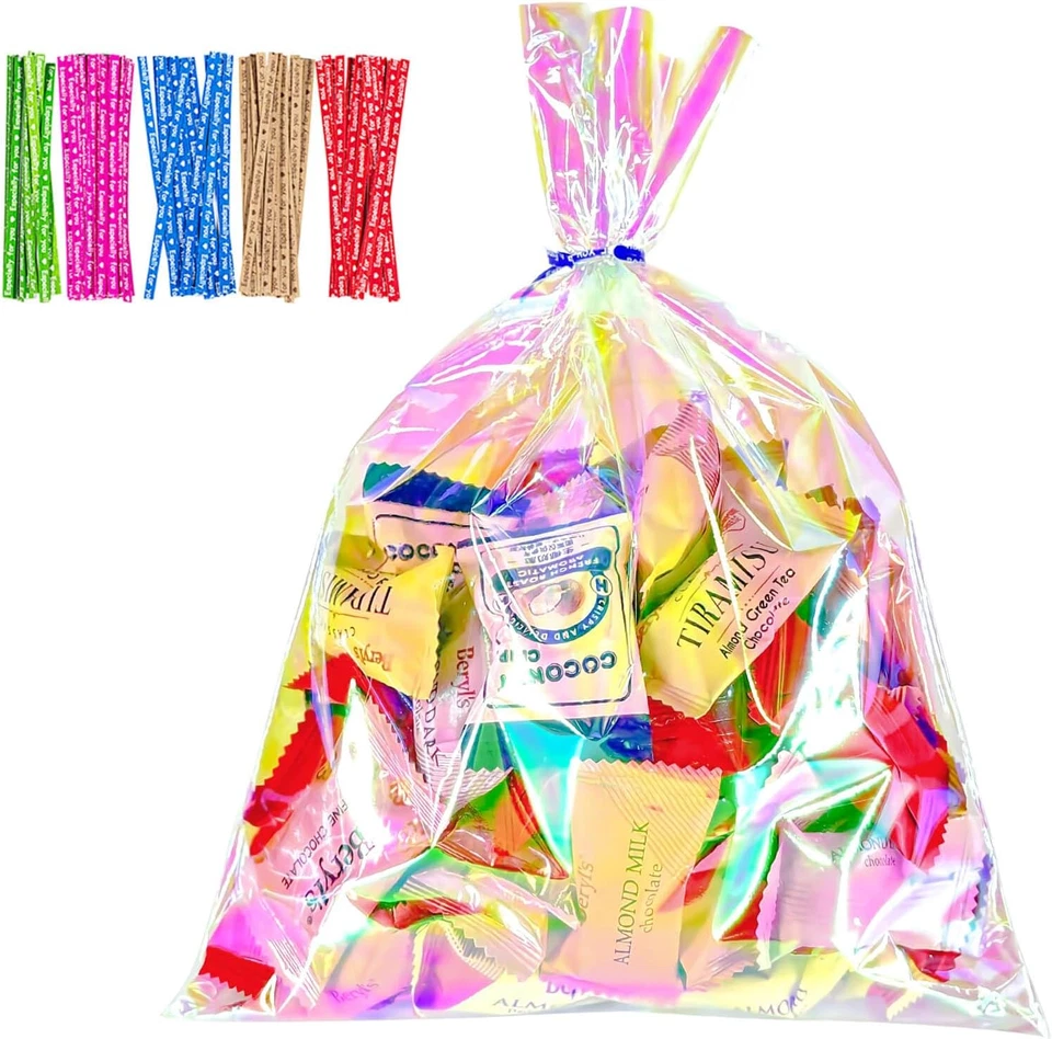 Bolsas de golosinas de celofán, bolsas de pretzel holográficas iridiscentes de 8x11 pulgadas con dos... Foto 3 de 4