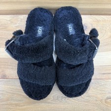 UGG Fuzz Yeah Slippers Womens 6 Black Faux Sherpa Chunk Sandals Slip On