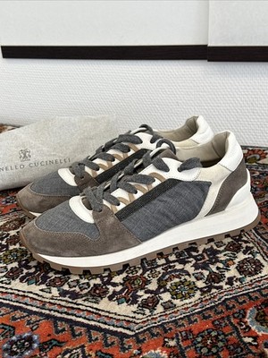 Brunello Cucinelli Monili-Trim Suede &Canvas Brown Low Top Sneakers Gr:39,5 Neu