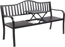 VINGLI 59" Outdoor Metal Bench Patio Bench with Built in Table Park Bench Garden