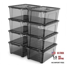 8 Pack Clear Plastic Storage Bins with Lids/Handle, Stackable Small Black