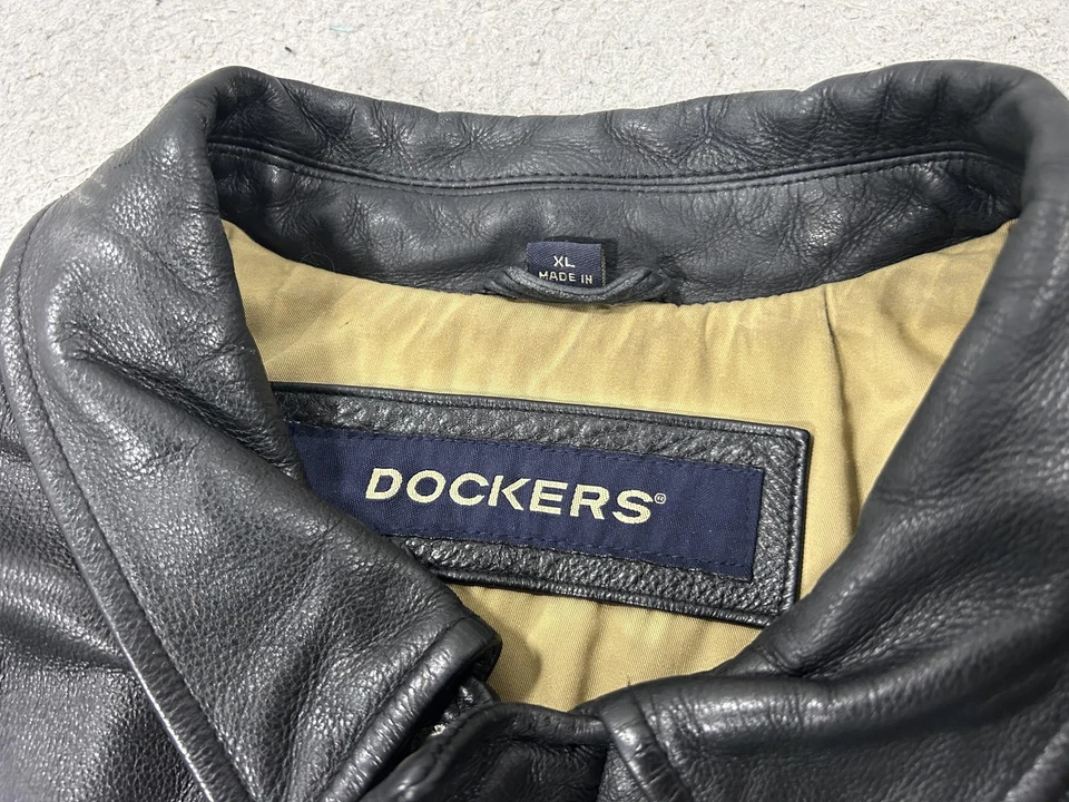 Chaqueta Dockers Para Hombre XL Abrigo de Cuero Negro Forrado de Cuero de Vaca Bolsillos Cremallera Clásica Foto 3 de 4