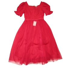 NWT Ivy City Co. Ballerina Midi in Red Tulle Puff Sleeve Fit & Flare Dress M