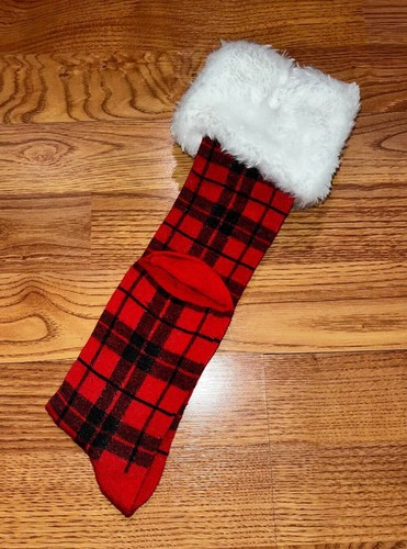 WOMENS KNEE HIGH RED/BLACK PLAID SANTA~CHRISTMAS SOCKS~FAUX FUR~NWT - Picture 2 of 2