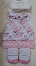 Newborn Girls 3 Pc White Pink Floral Hats and White Silver Ruffle Bow Socks Set