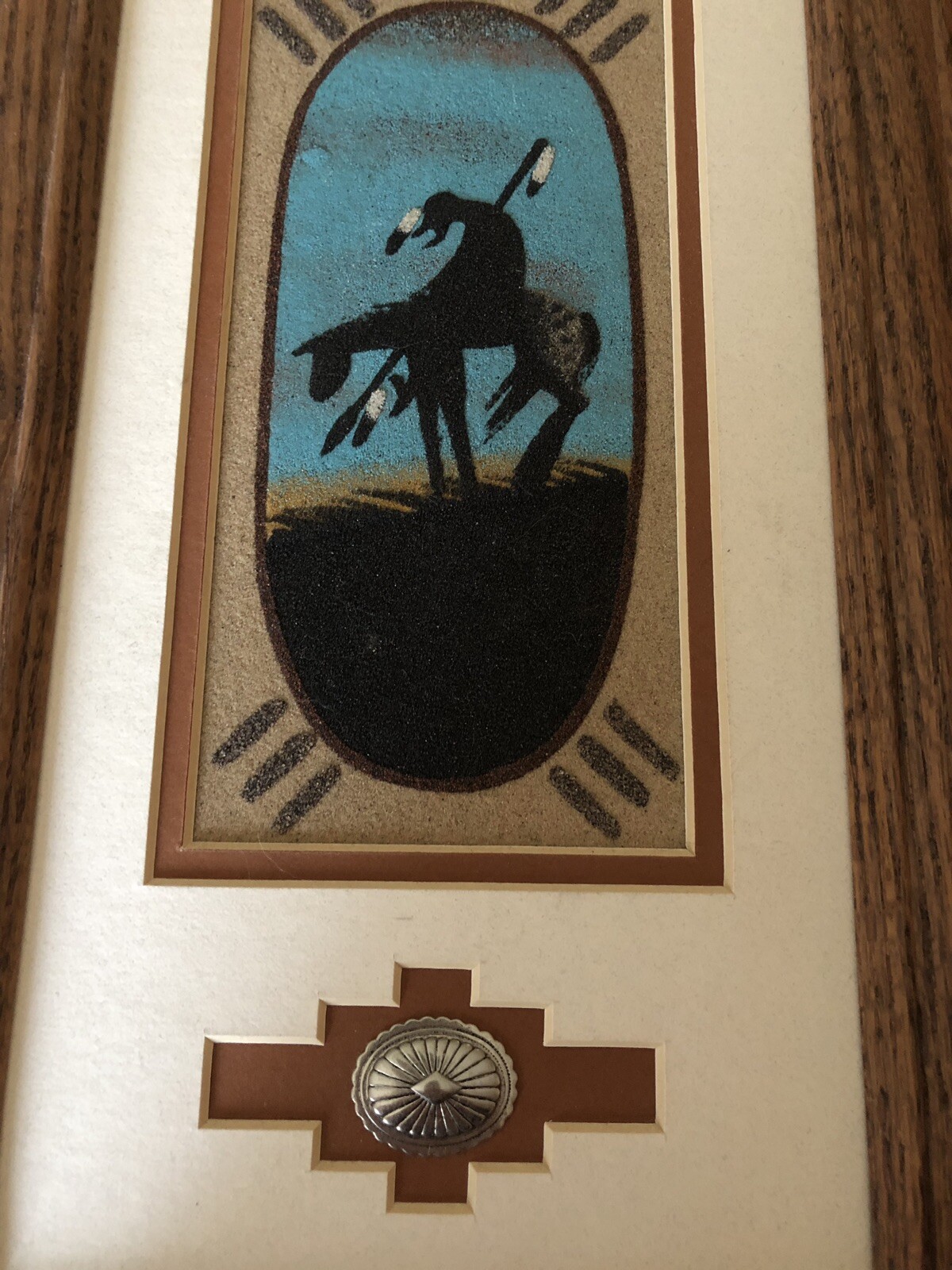 NAVAJO FRAMED MATTED SANDPAINTING END OF TRAIL WITH CONCHO ACCENT eBay