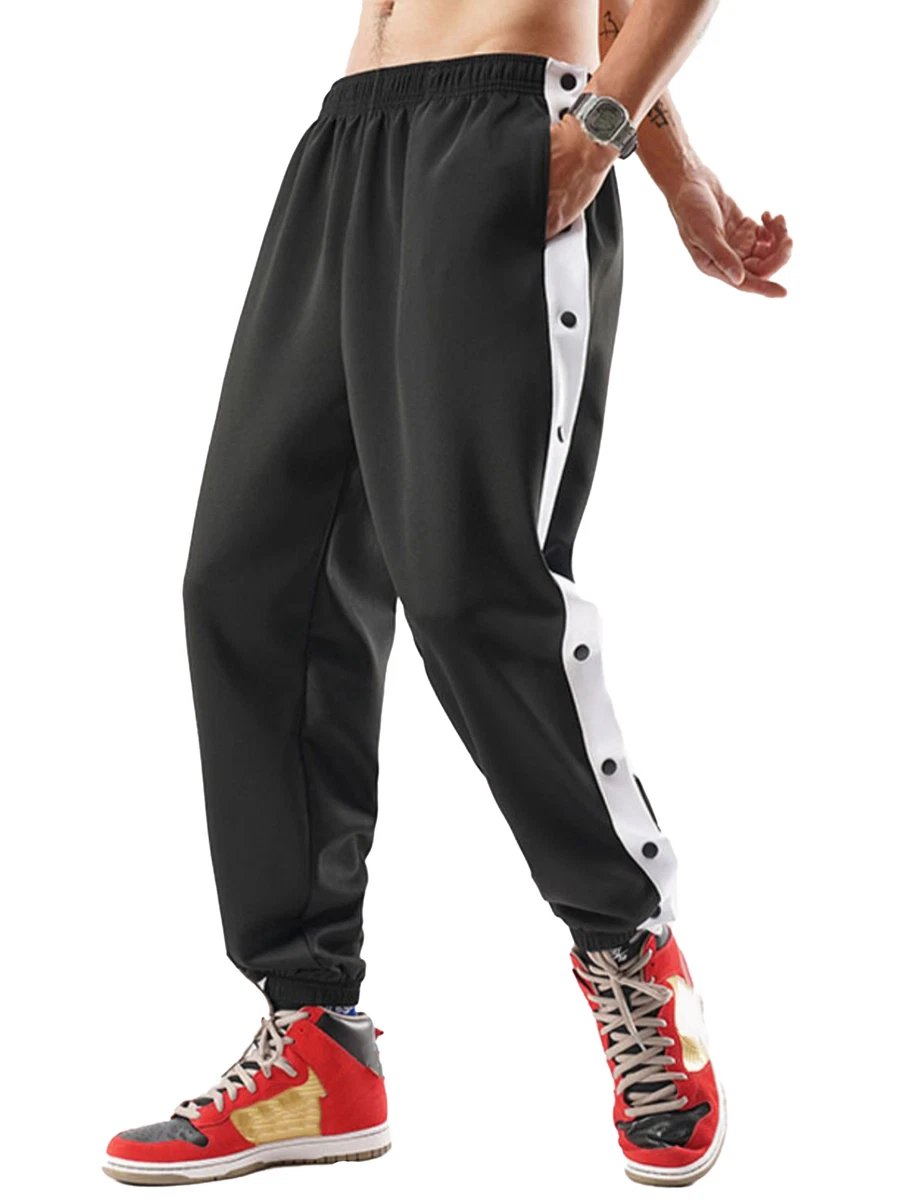 Men Loose Tear-Away Pants Side Split Button Sports Running Basketball  Sweatpants